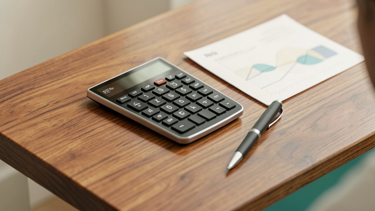 A clean desk with a calculator, a pen, and a document showing a simple line graph going up, symbolizing mortgage planning.