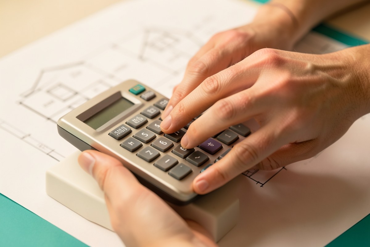 A close-up of hands entering numbers into a calculator with a home blueprint in the background.