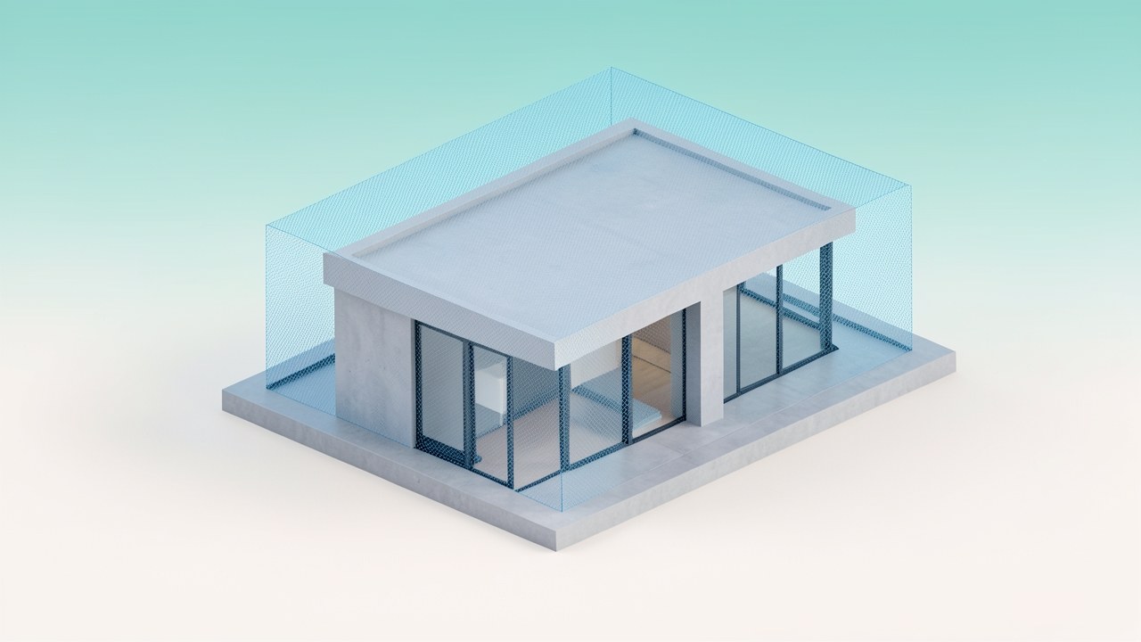 A 3D render of a house with a protective shield overlay, symbolizing insurance.