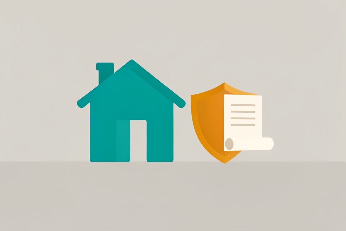 A house icon with a shield and a tax document, all in a flat illustration style.