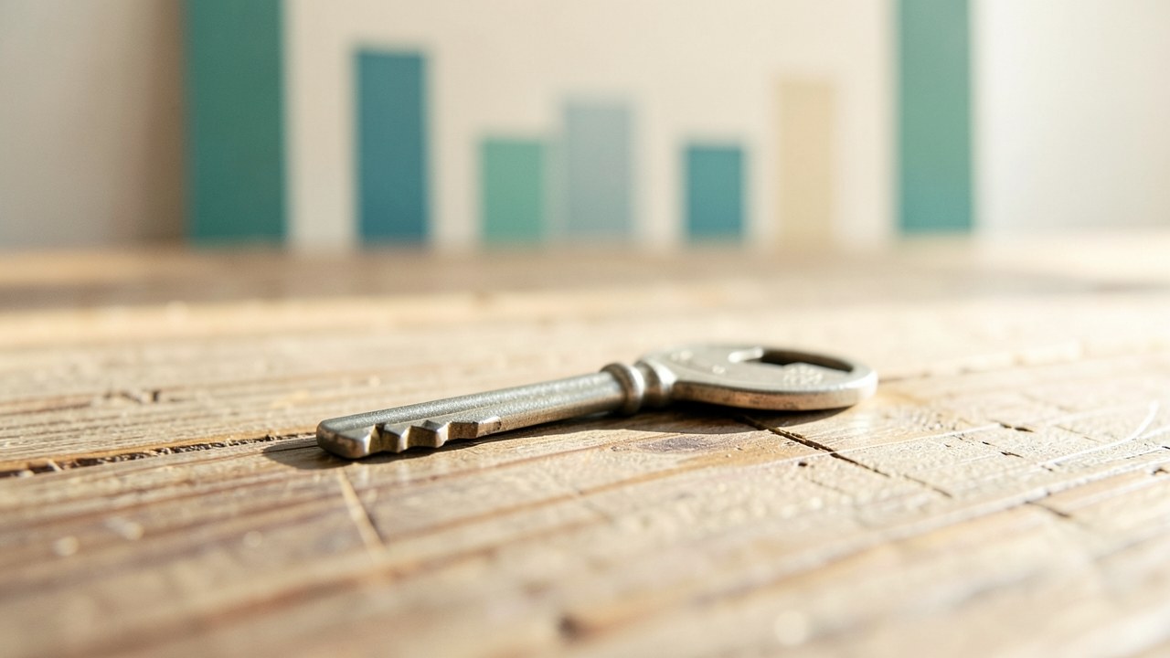 A house key placed on a table with a simple bar chart in the background, representing affordability.