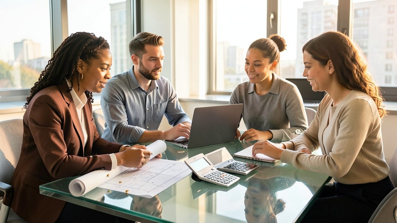 A team of diverse professionals collaborating around a table with blueprints and a calculator, representing the editorial team.