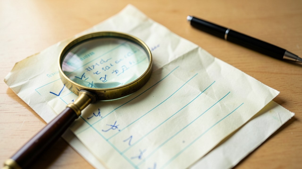 A close-up of a magnifying glass over a document with checkmarks, symbolizing fact-checking.