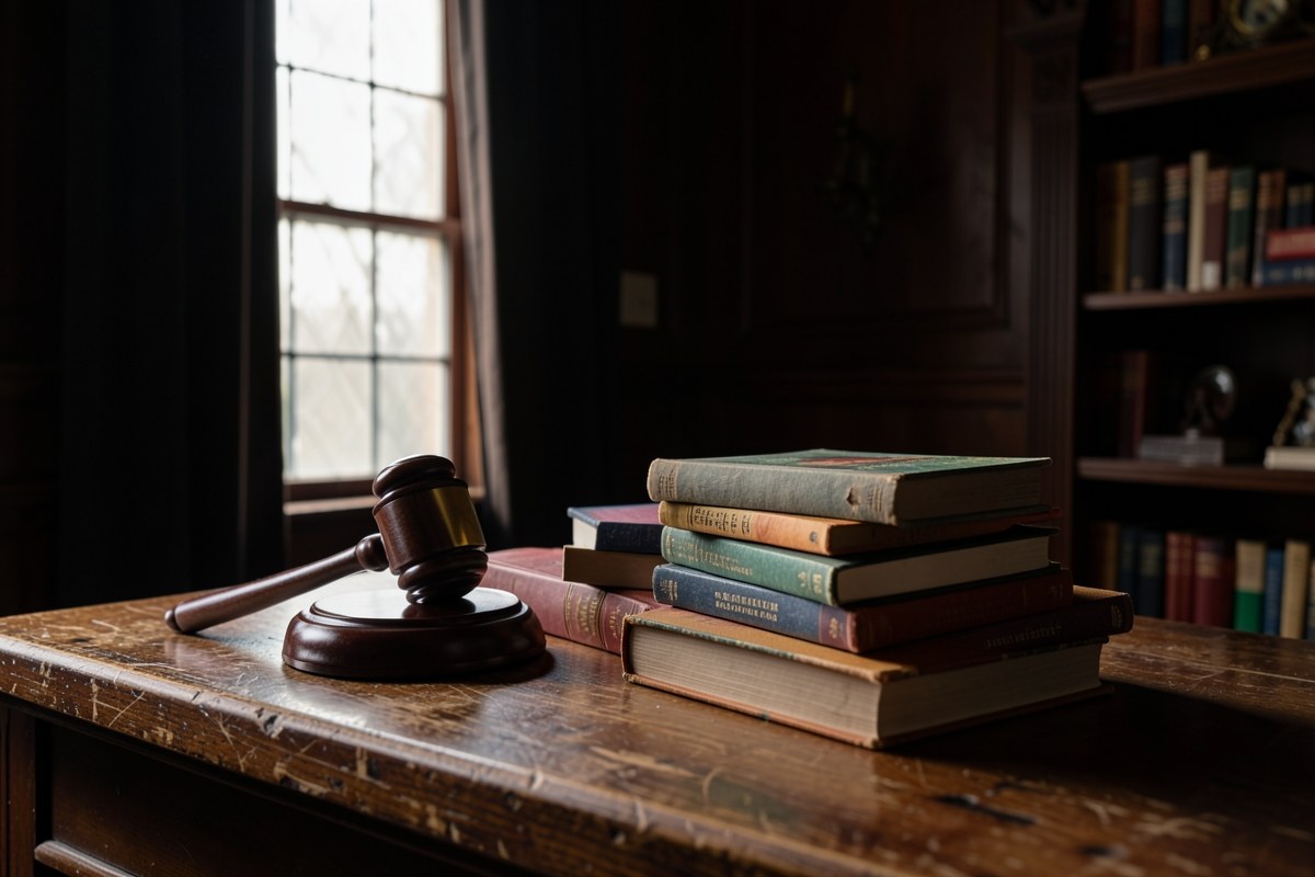 A judge's gavel and a stack of books on a desk, representing terms and legal agreements.